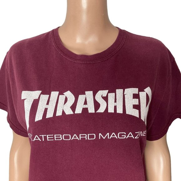 Vintage Thrasher Magazine T Shirt Mens Medium Skater Spellout  Burgundy White - Picture 3 of 10